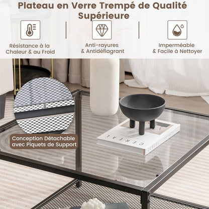Table Basse Carrée En Verre Trempé 2 Niveaux Étagère En Maille Cadre En Métal Pieds Réglables Gris/Transparent