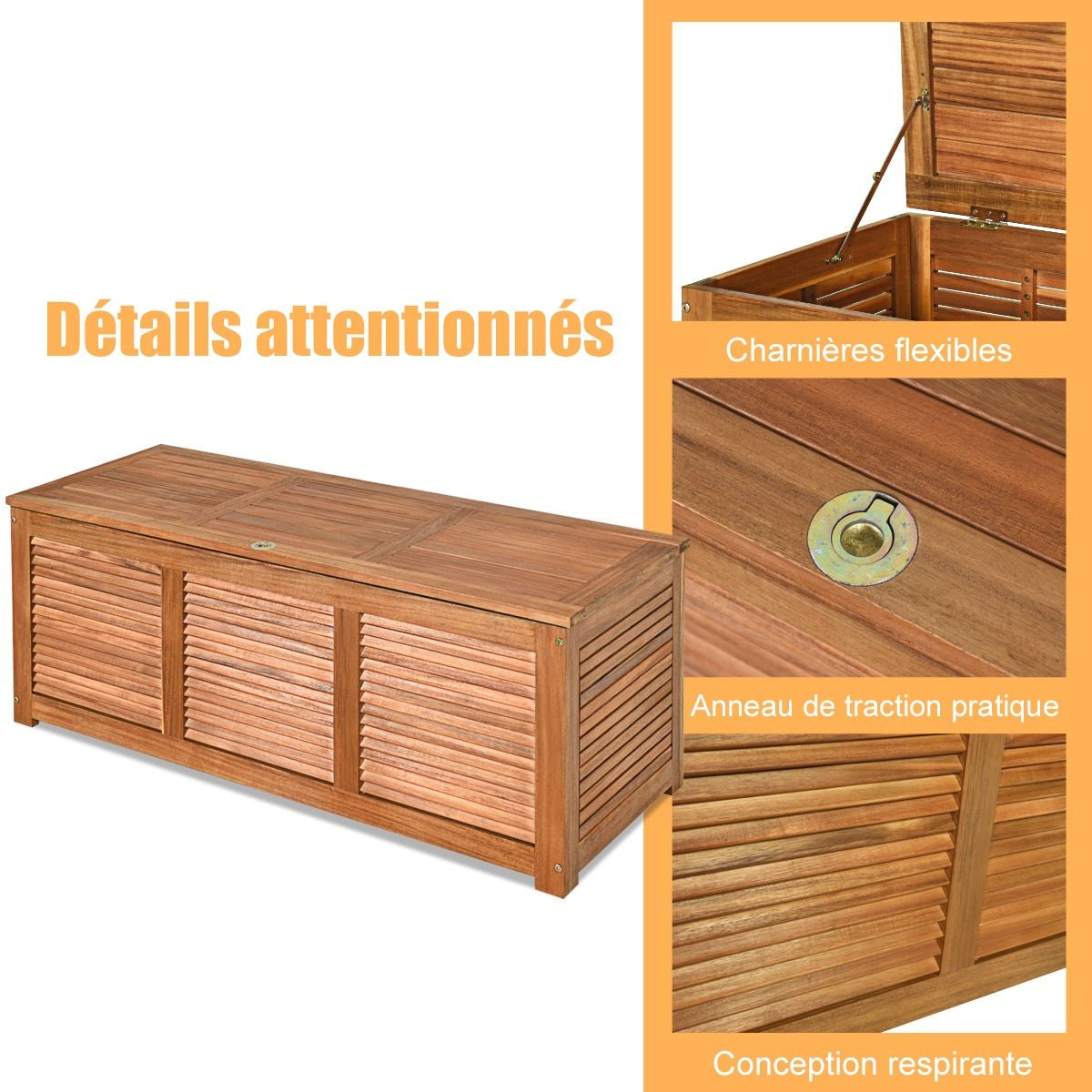 Malle En Bois D’Acacia Coffre Boîte De Rangement 120 X 45 X 45 Cm Charge Max 150KG Pour Terrasse Jardin Ou Cour Nature