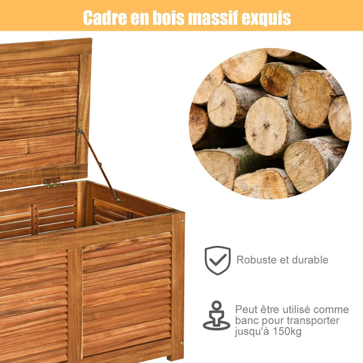 Malle En Bois D’Acacia Coffre Boîte De Rangement 120 X 45 X 45 Cm Charge Max 150KG Pour Terrasse Jardin Ou Cour Nature