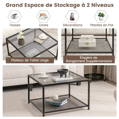 Table Basse Carrée En Verre Trempé 2 Niveaux Étagère En Maille Cadre En Métal Pieds Réglables Gris/Transparent