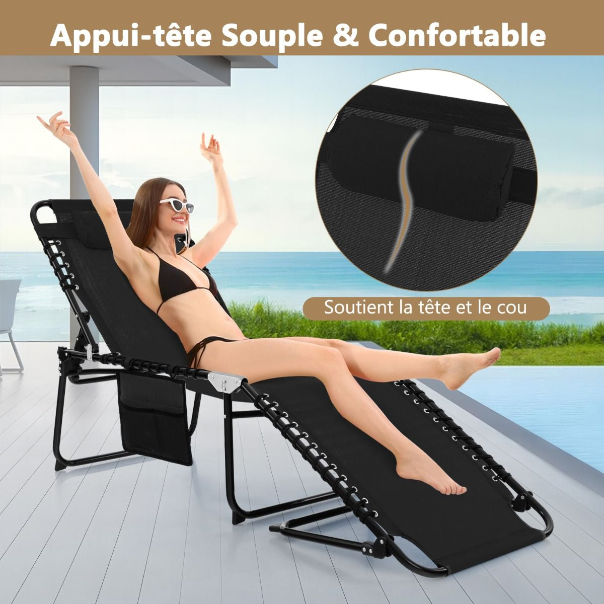 Chaise Longue Pliante Avec Appuie-Tête Amovible Dossier Réglable À 4 Positions Acier Antirouille Pour Camping Terrasse Noir/Bleu/Gris
