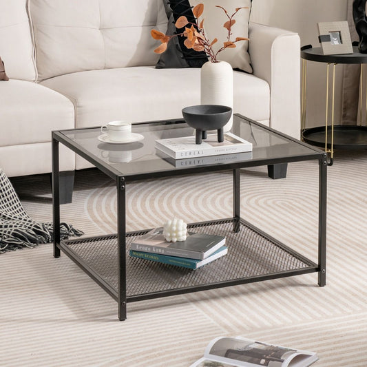 Table Basse Carrée En Verre Trempé 2 Niveaux Étagère En Maille Cadre En Métal Pieds Réglables Gris/Transparent