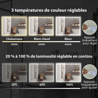 Miroir De Salle De Bain LED 80 X 60 Cm Avec 3 Eclairages Interrupteur Tactile Et Fonction Anti-Buée