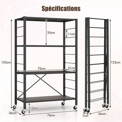 Étagère De Rangement Pliable À 4 Niveaux Étagère Réglable Avec Roues Verrouillables Unité De Rangement Domestique Organisateur De Rangement Noir